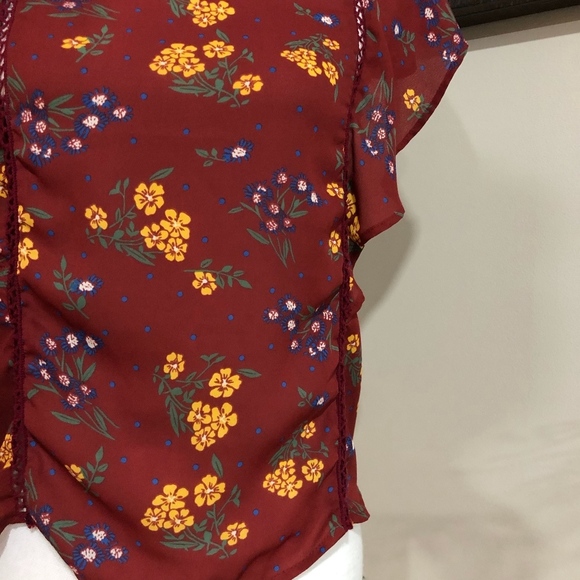 *SIENNA SKY* Maroon x Yellow Floral Ruffle Shirt - Picture 7 of 8